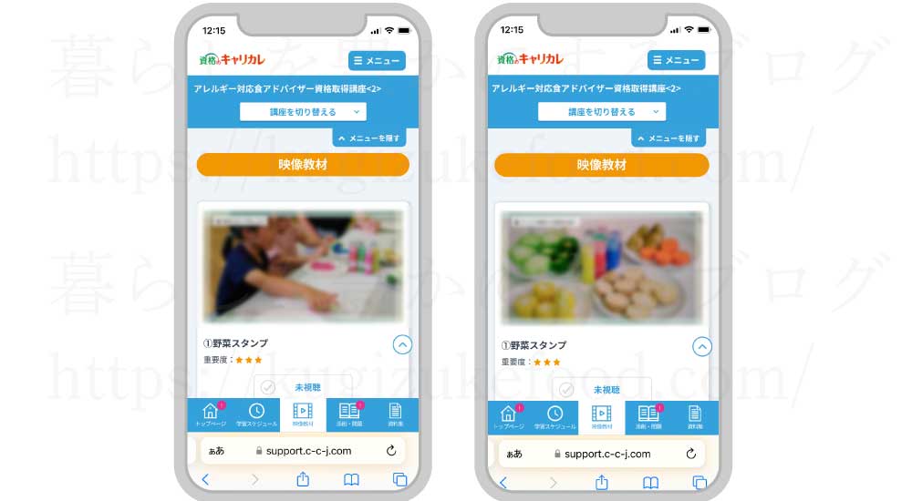 キャリカレのアレルギー対応食アドバイザー資格取得講座の受講生ページの映像教材