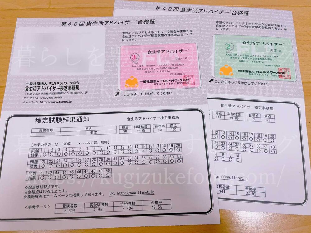 食生活アドバイザー資格試験合格通知・認定カード